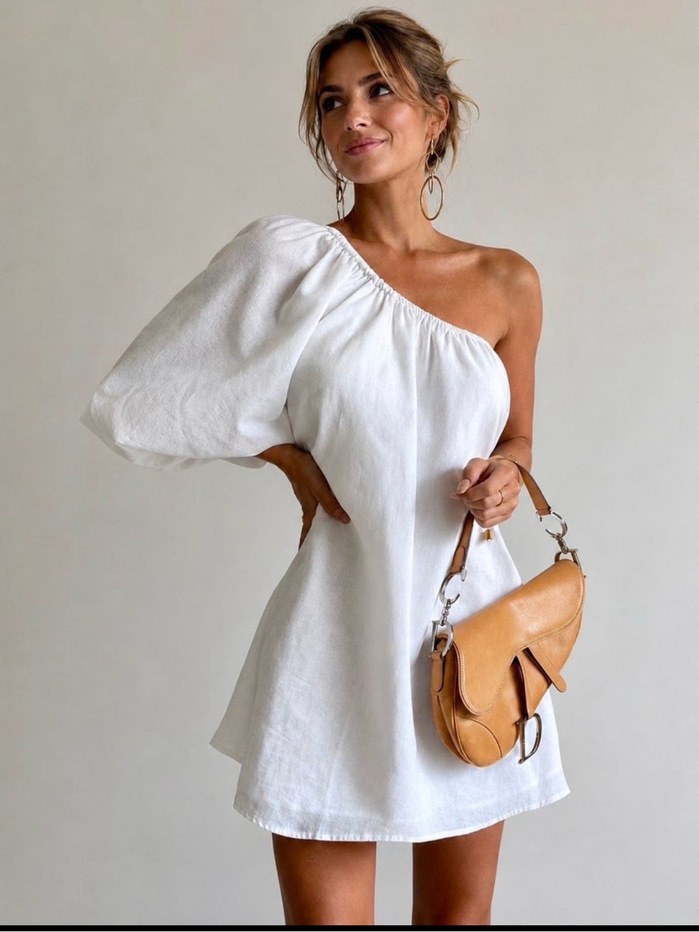 Commense One-Shoulder White Puff Sleeve Mini Dres